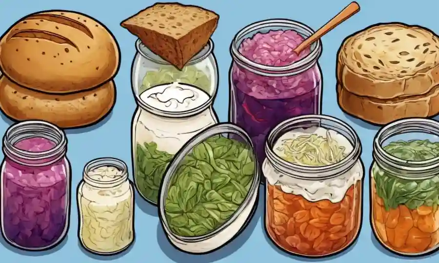 Varios alimentos y bebidas fermentados, como pan, yogur y sauerkraut, en diferentes etapas de fermentación.