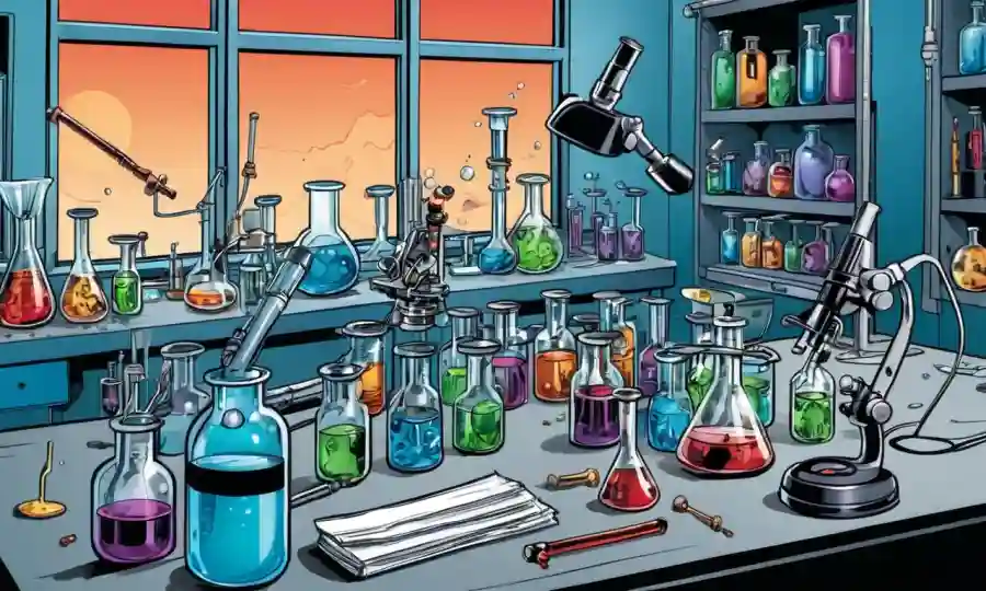 Una mesa de laboratorio con tubos de ensayo, frascos y un microscopio, transmitiendo un sentido de terminación de la investigación científica.