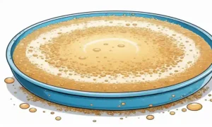 Un plato de cultivo de crecimiento de levadura con burbujas y sedimentos en un fondo blanco.