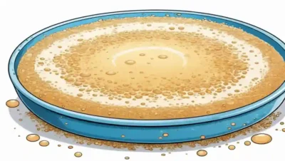 Un plato de cultivo de crecimiento de levadura con burbujas y sedimentos en un fondo blanco.