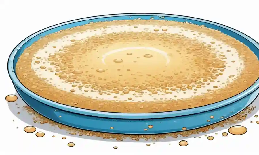 Un plato de cultivo de crecimiento de levadura con burbujas y sedimentos en un fondo blanco.