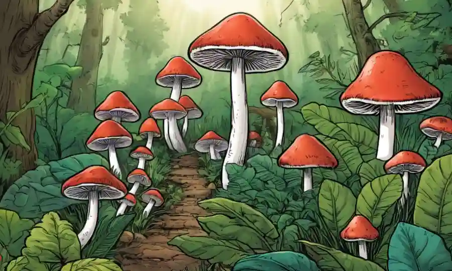 Una imagen borrosa de varios hongos entre naturaleza exuberante con una flecha apuntando hacia arriba para representar el futuro de la conservación.