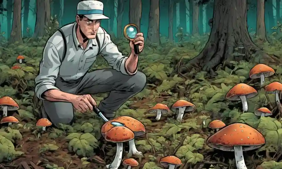 Persona sosteniendo una lupa sobre hongos creciendo en el suelo forestal.