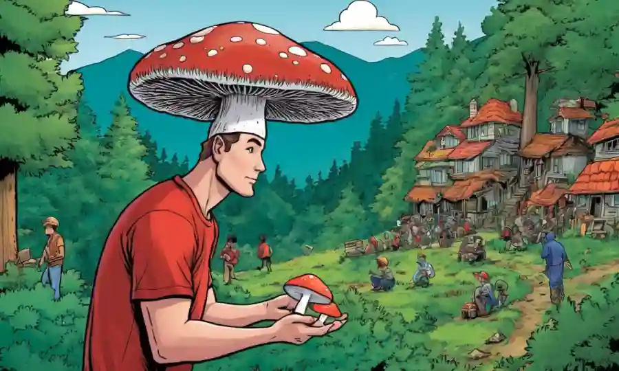 Una persona que sostiene un hongo junto a un paisaje forestal, rodeado de miembros de la comunidad local.