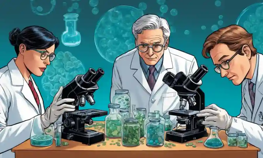 Científicos que examinan microscopios y platos petri que contienen culturas fúngicas.