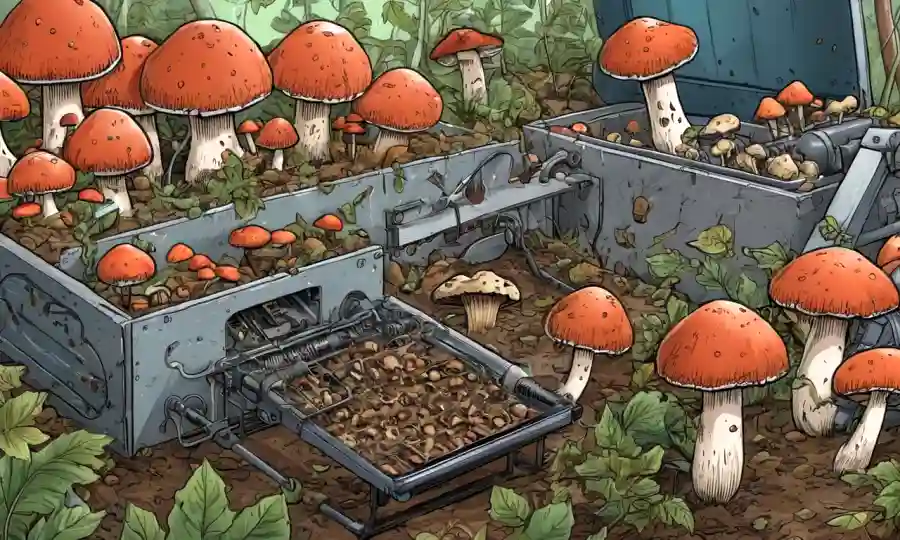 Equipo de cultivo de hongos con diversos productos de hongos repartidos alrededor.