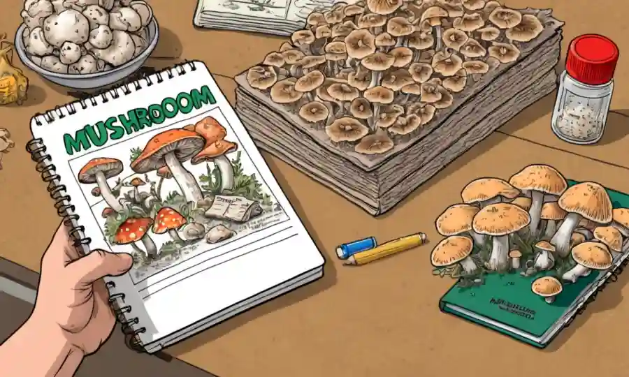 Una persona que tiene diversos subproductos de hongos junto a un cuaderno o taller. (Nota: Esta descripción es bastante sencilla y no explica el título específico proporcionado, como lo es en español)