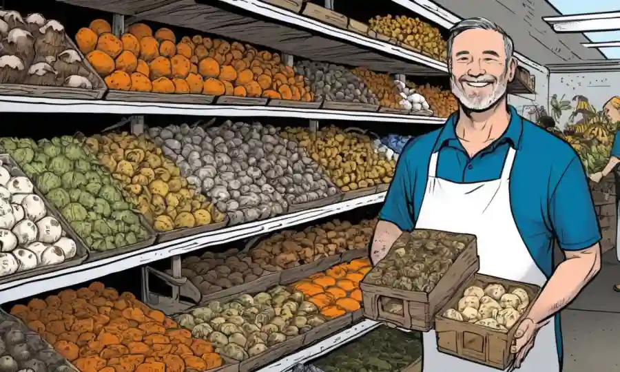 Emprendedor conteniendo un estante de productos basados en hongos en un mercado orgánico.