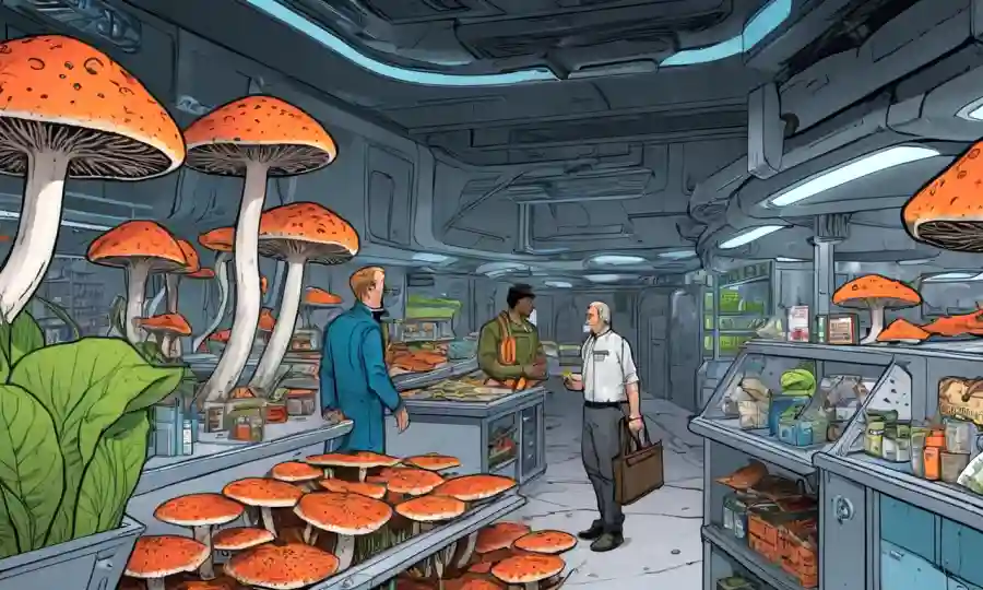 Un producto basado en hongos con una propuesta de valor única mostrada en una escena futurista de mercado.