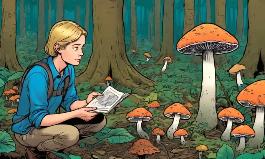 Una persona que examina una especie de hongo en un bosque, rodeado de notas de conservación.