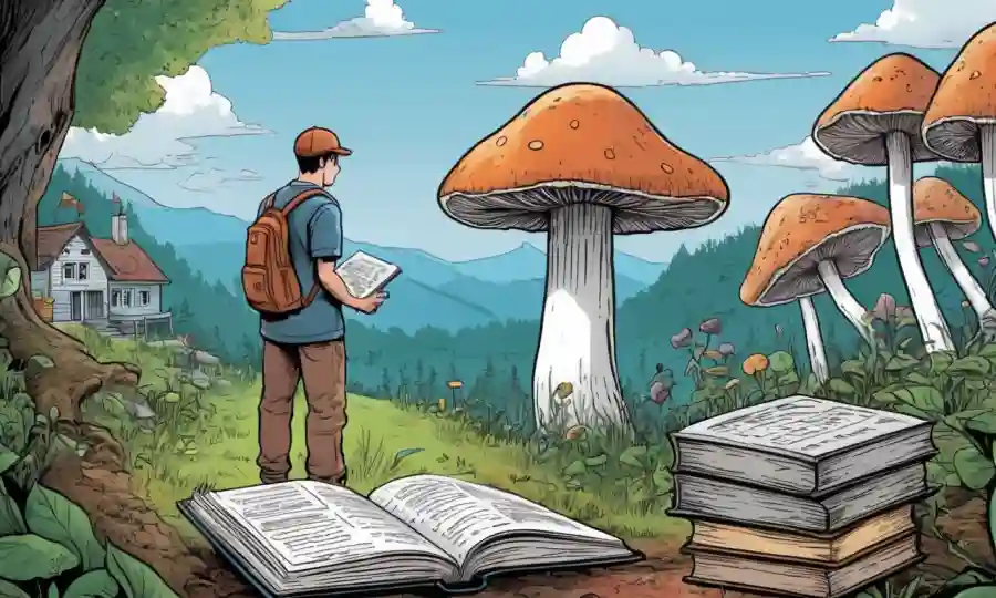 Una persona mirando un hongo en la naturaleza, rodeado de libros y notas de investigación.