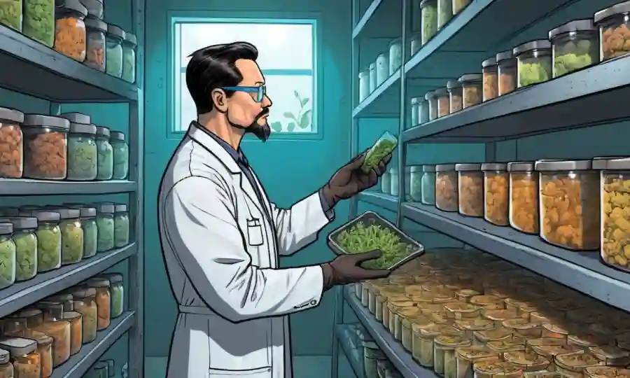 Científico examinando culturas de especies fúngicas y contenedores de almacenamiento.