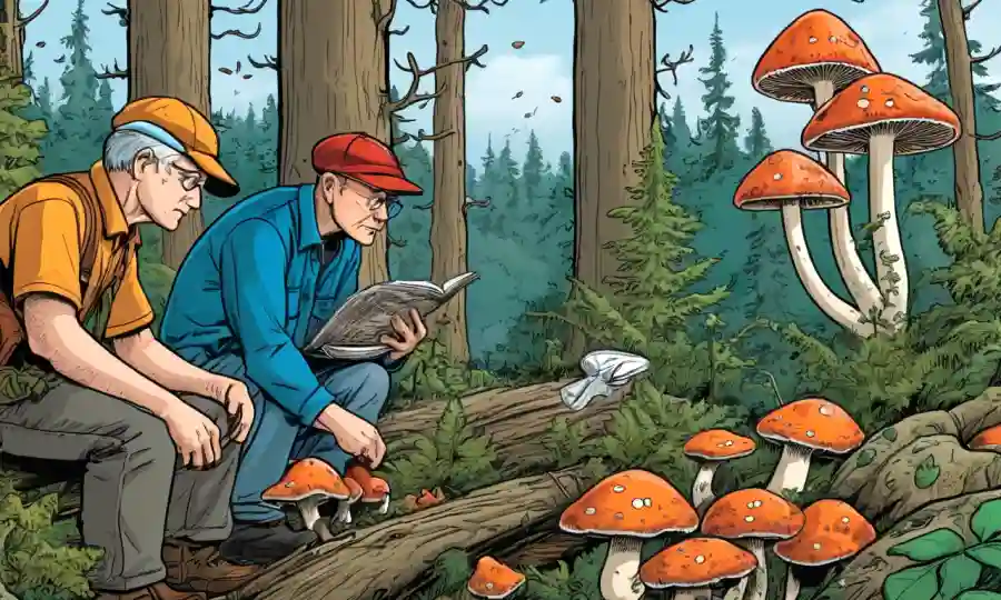 Micólogos que estudian el crecimiento de hongos en el ecosistema forestal, esfuerzos de conservación en el fondo.