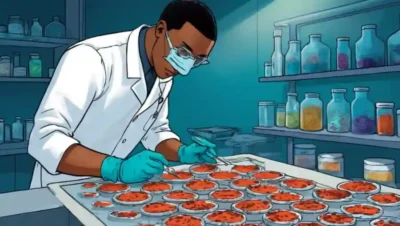Técnico de laboratorio examinando muestras de hongos y preparando contenedores de conservación.