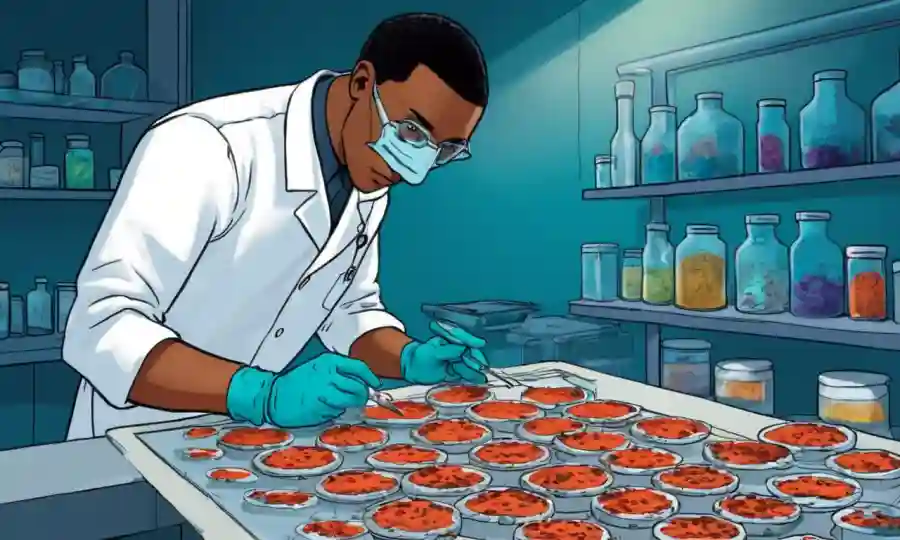 Técnico de laboratorio examinando muestras de hongos y preparando contenedores de conservación.