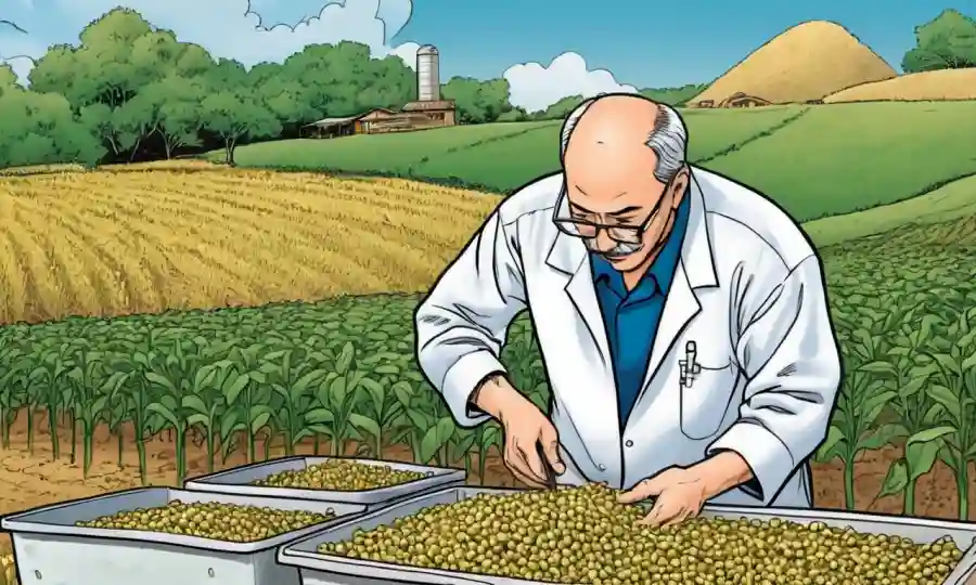 Científico agrícola que examina la soja fermentada en un entorno tradicional.