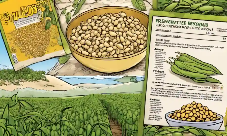 Una imagen que muestra soja fermentada con coberturas de información nutricional.