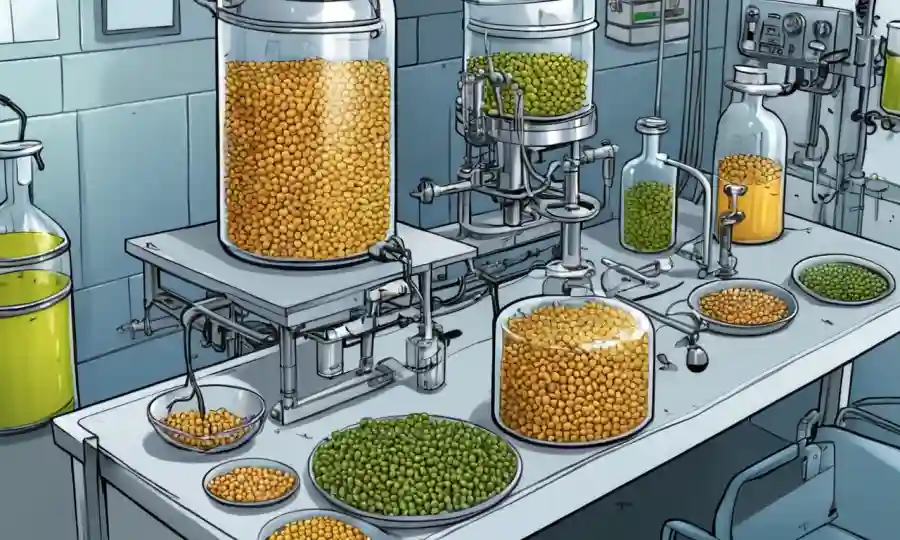El proceso de fermentación en un entorno de laboratorio, con equipos y contenedores con soja y líquido.