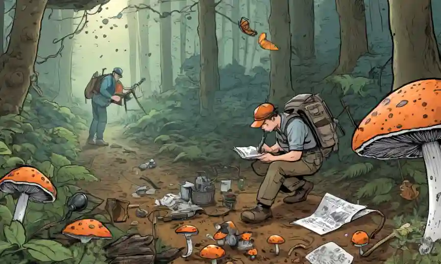 Un micólogo buscando hongos en un bosque con equipos y notas dispersas alrededor.