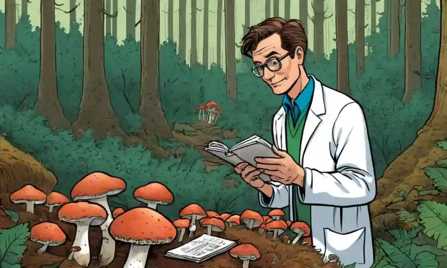 Scientist examina hongos en un bosque, notas en la mano.