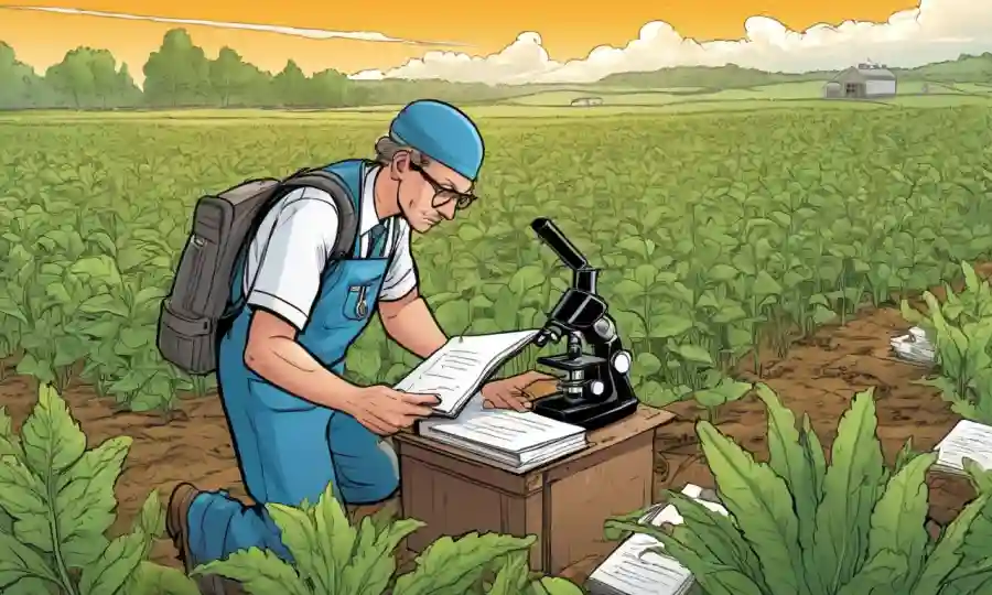 Científico recolectando muestras de plantas en un campo con cuadernos y microscopios.