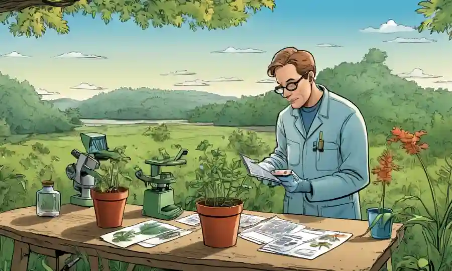Biólogo que examina muestras de plantas al aire libre en la naturaleza