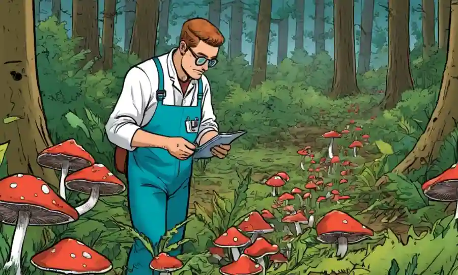 Un científico recolectando muestras de hongos en un entorno forestal o de campo.