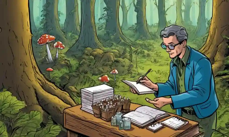 Un científico recolectando muestras de hongos en un bosque, con cuadernos y contenedores cercanos.