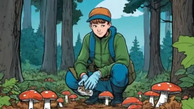 Persona con guantes coleccionando muestras de hongos en un campo forestal.