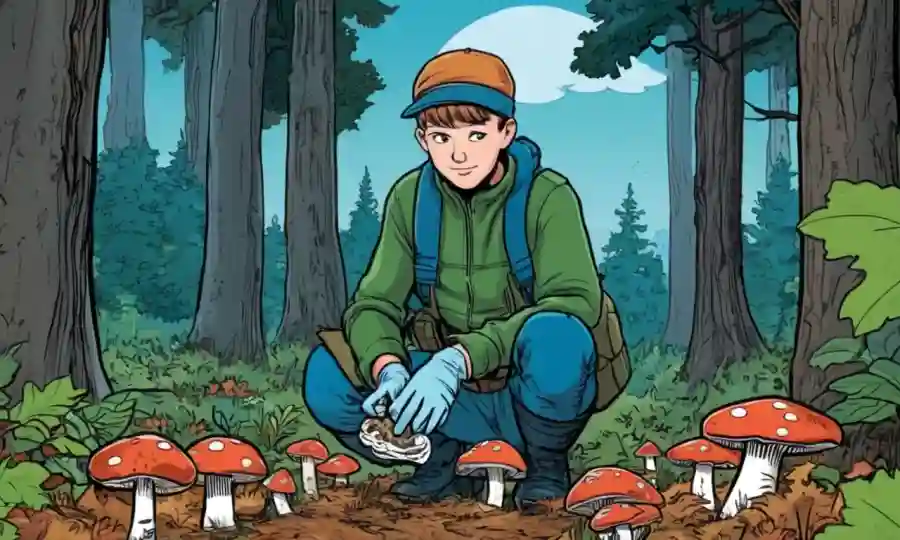 Persona con guantes coleccionando muestras de hongos en un campo forestal.