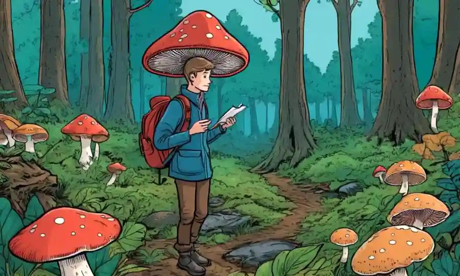Una persona que recoge datos de hongos en un bosque con varias especies.