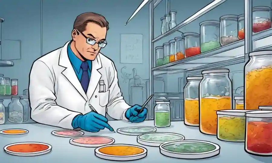 Un microbiólogo que examina las culturas de la levadura en platos y notas petri.