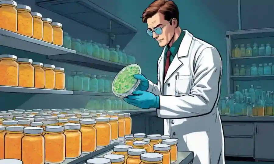 Científico en la capa de laboratorio aislante esporas fúngicas en placas de agar.