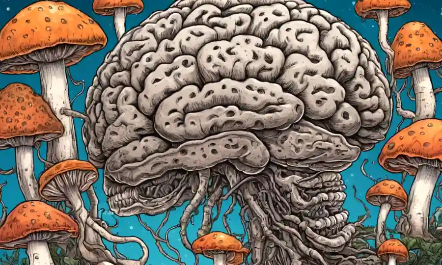 Fungi creciendo en ilustración cerebral con ideas de conexión.