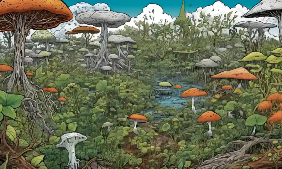 Una ilustración de plantas y redes fúngicas en armonía, rodeada de advertencias sobre el cambio climático.