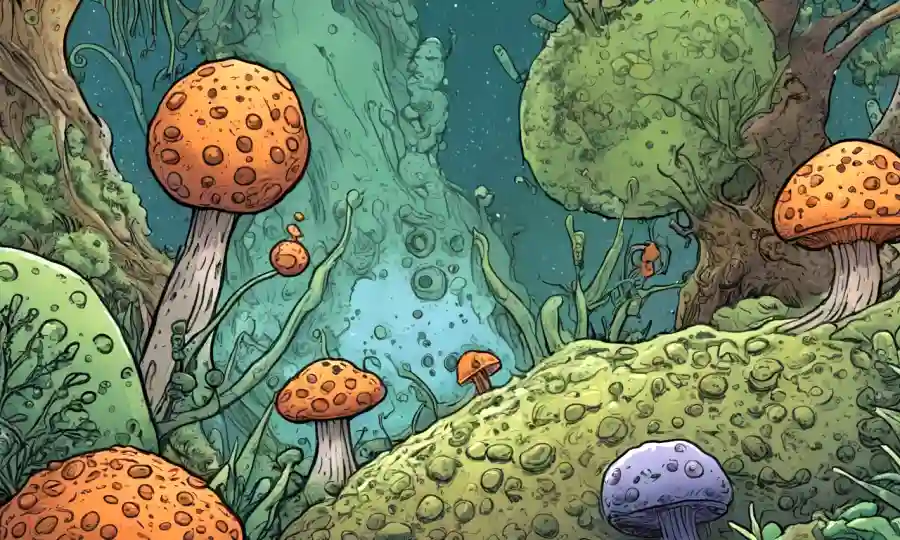 Imagen microscopio de esporas en diversos entornos ecológicos con organismos relacionados.