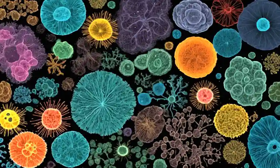 Una imagen de microscopio de esporas en varias formas, tamaños y colores con diagramas overlaid destacando su relación con la biodiversidad.