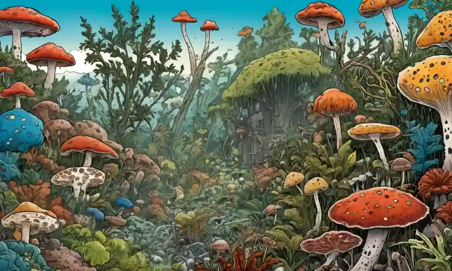 Vista microscópica de esporas fúngicas rodeadas de diversas especies vegetales y animales.