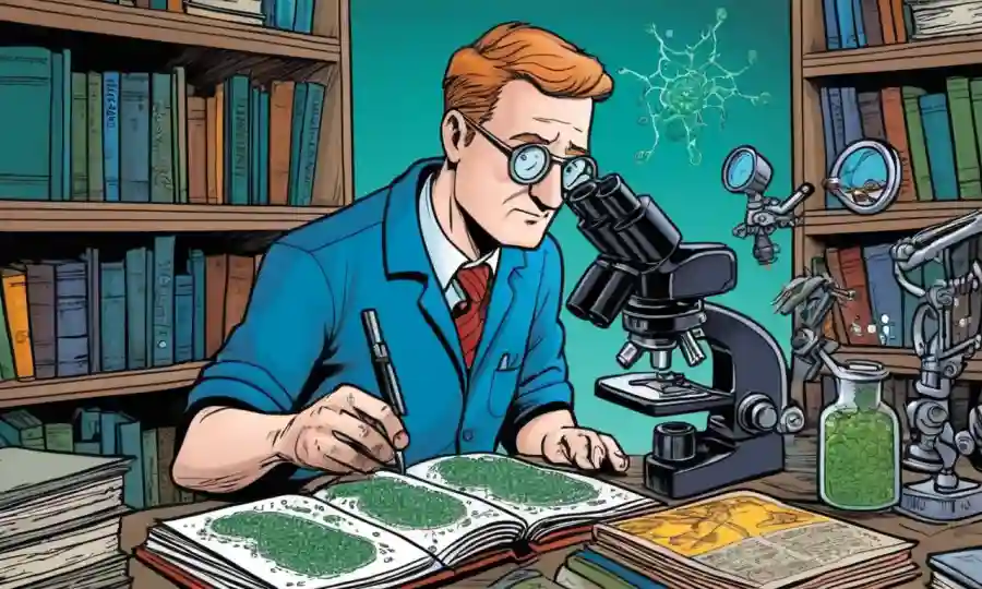 Científico examinando microbios bajo un microscopio entre libros y diagramas.