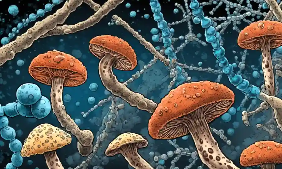 Imágenes microscópicas de esporas de hongos rodeadas de ADN y estructuras moleculares.