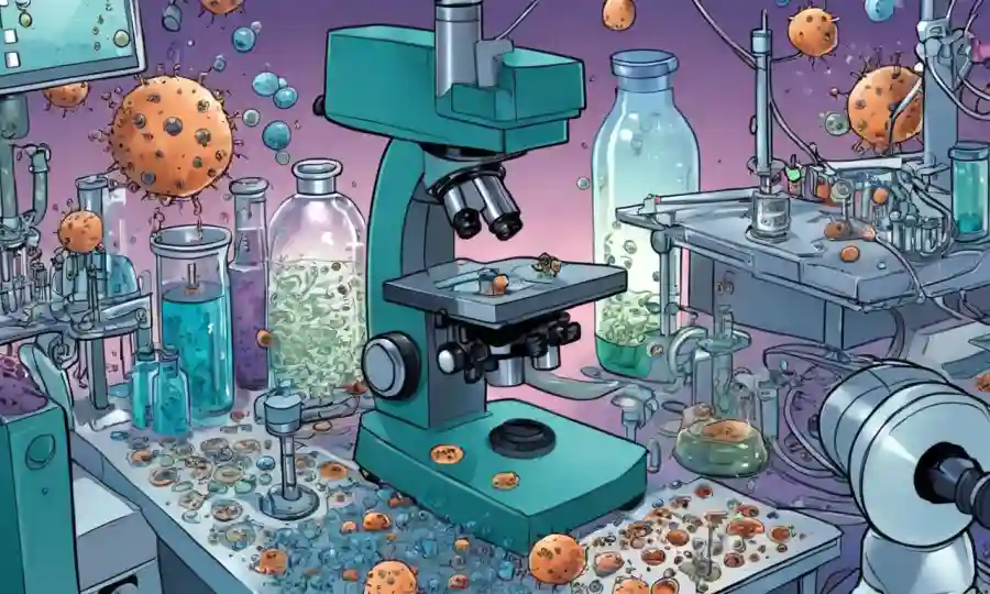 Una imagen del microscopio muestra esporas en un entorno de laboratorio, rodeado de equipos de investigación médica.