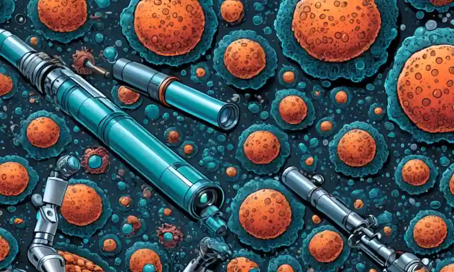 Una imagen de microscopio con esporas y componentes de medicina sintética superpuesta.