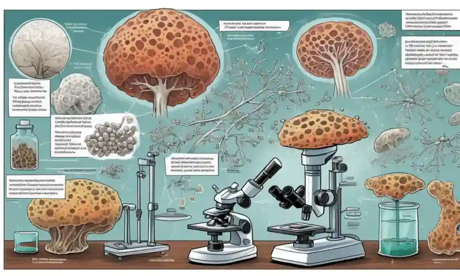 Diagramas científicos y microscopios que ilustran la conexión de esporas fúngicas a la investigación de medicina sintética.