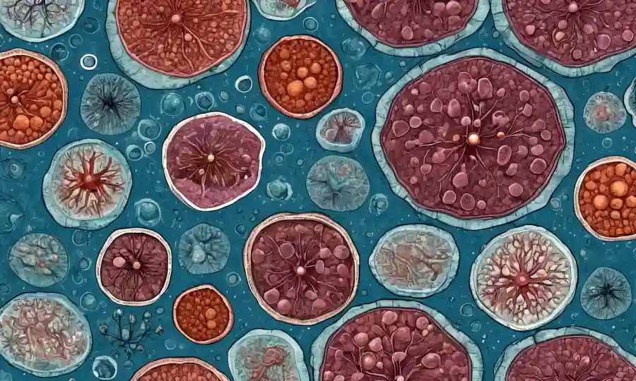 Vistas al microscopio de células fúngicas rodeadas de diagramas de desarrollo del sistema endocrino humano.
