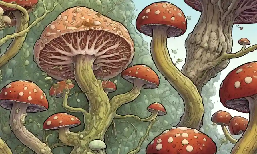 Ilustración médica que muestra células hongos interactuando con vías hormonales en el cuerpo humano.