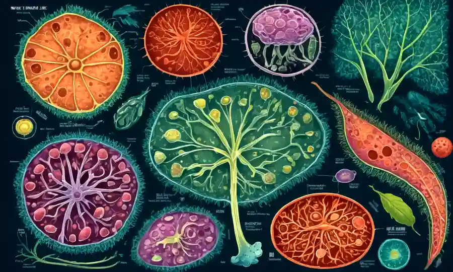 Una ilustración de células vegetales con organismos más pequeños dentro, rodeados de microscopios y diagramas.