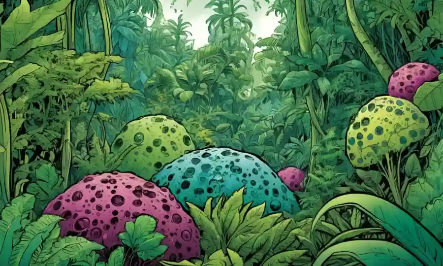 Microorganismos que crecen dentro de los tejidos vegetales, rodeados de vegetación exuberante en diversos ecosistemas.