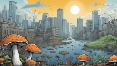 Fungi creciendo entre paisajes urbanos contaminados con gráficos del cambio climático en el fondo.