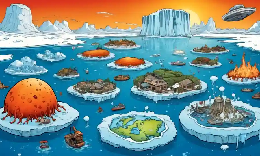 Un hongo rodeado de iconos de calentamiento global, como temperaturas crecientes y icebergs de fusión.