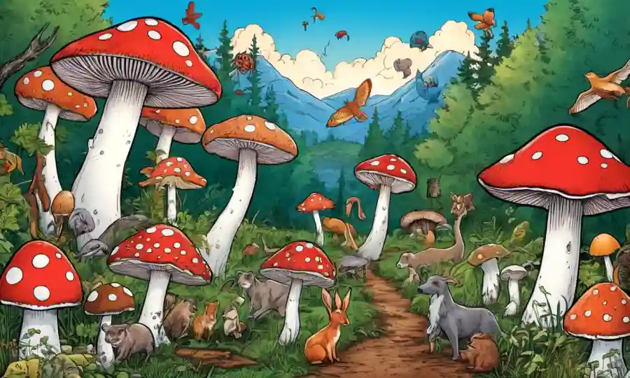 Setas rodeadas de diversos animales en la naturaleza.